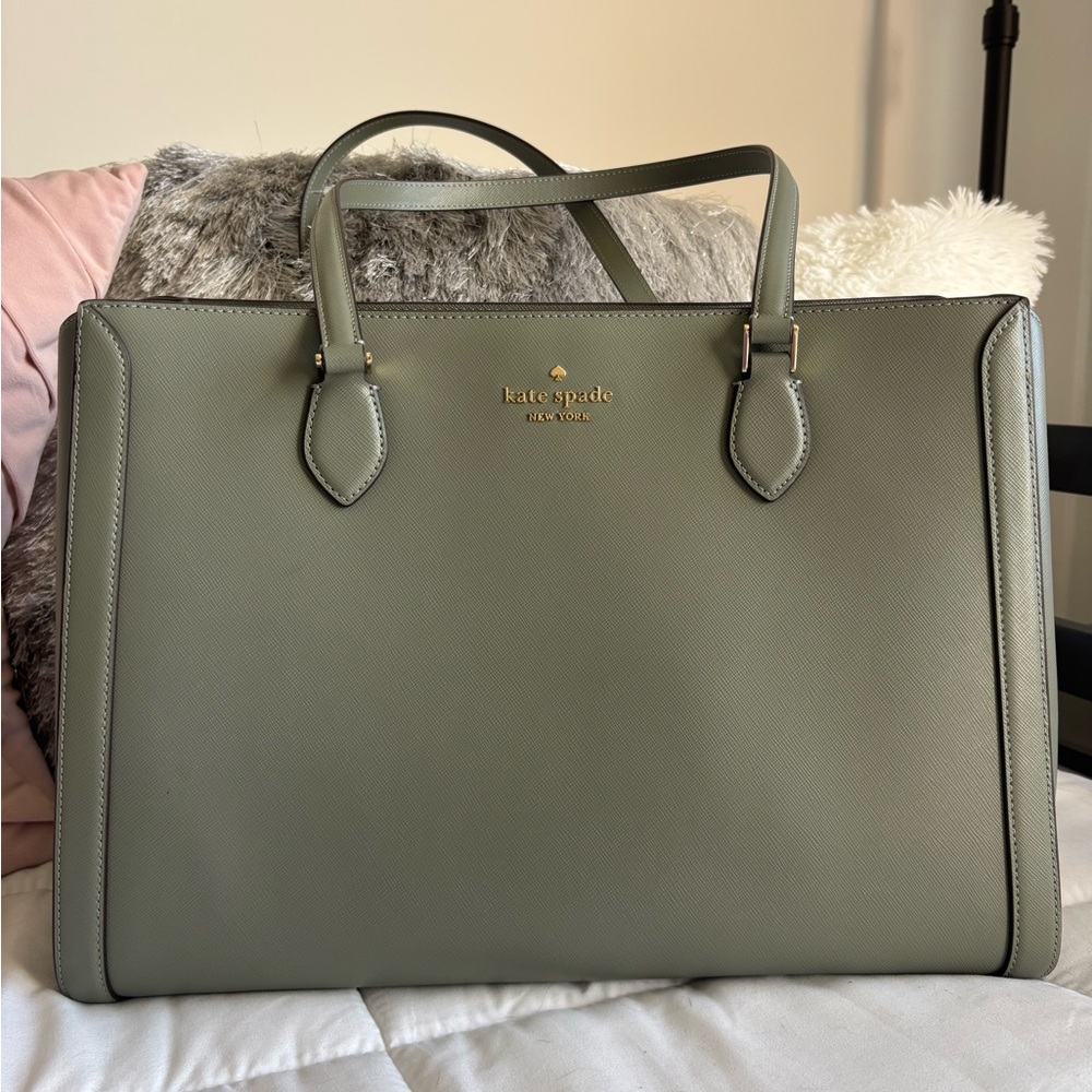 Kate Spade sage green structured tote with gold accents